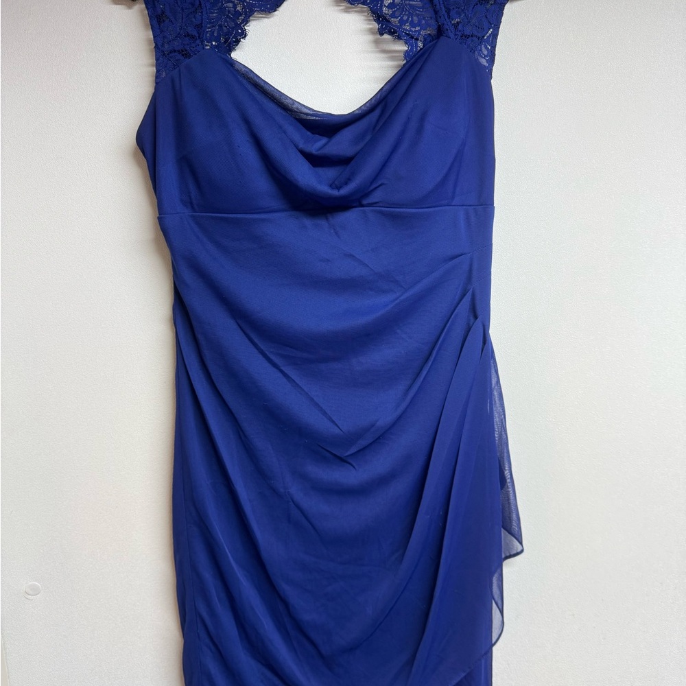 Elegant Royal Blue Lace-Trim Cowl Neck Dress